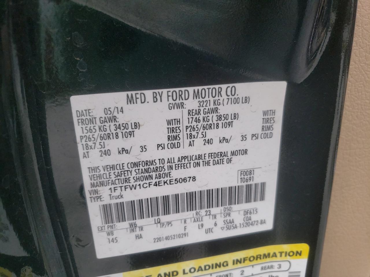 Photo 10 from auction – 2014 FORD F150 SUPER with VIN 1FTFW1CF4EKE50678