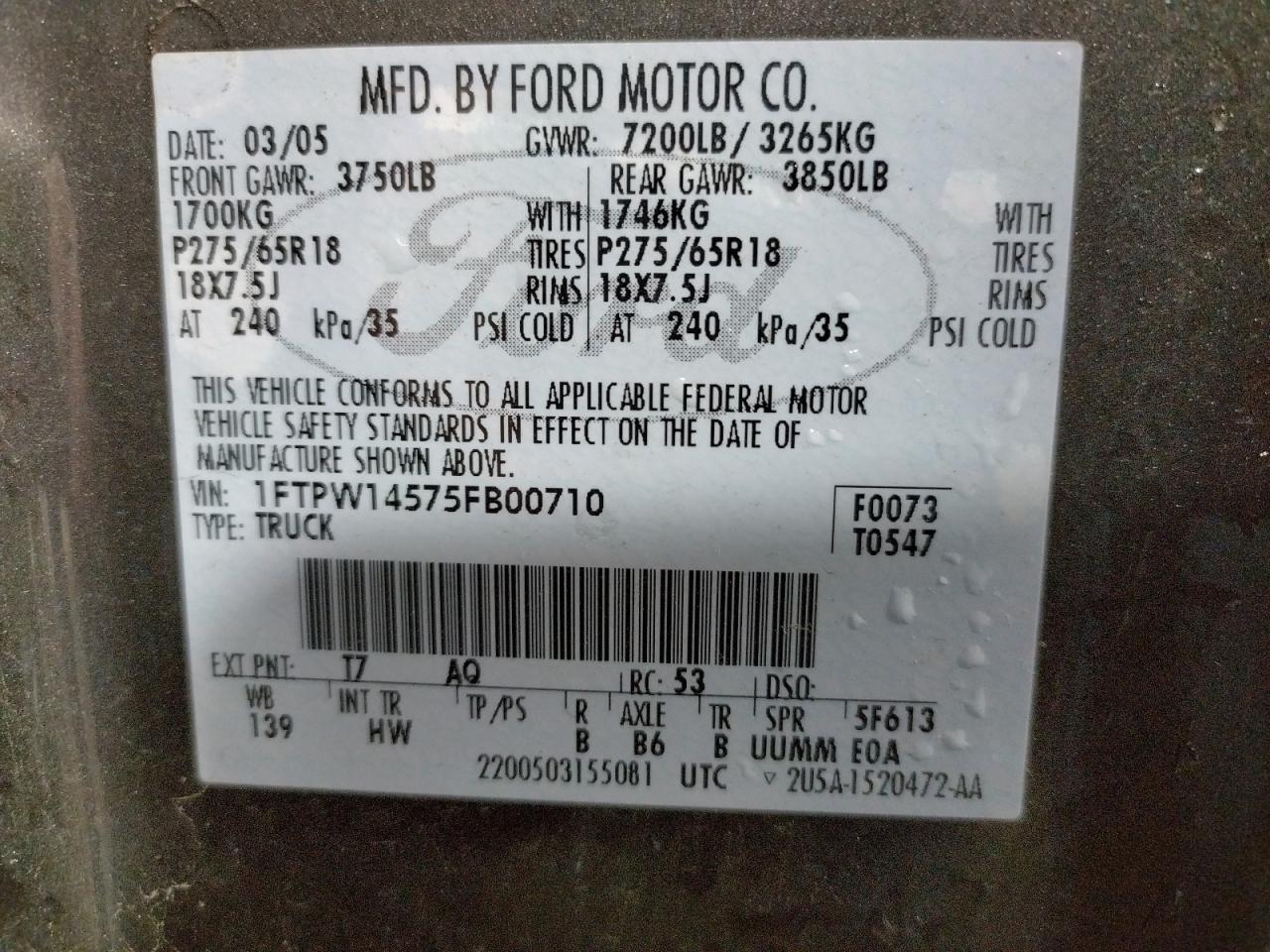 Photo 10 from auction – 2005 FORD F150 SUPER with VIN 1FTPW14575FB00710