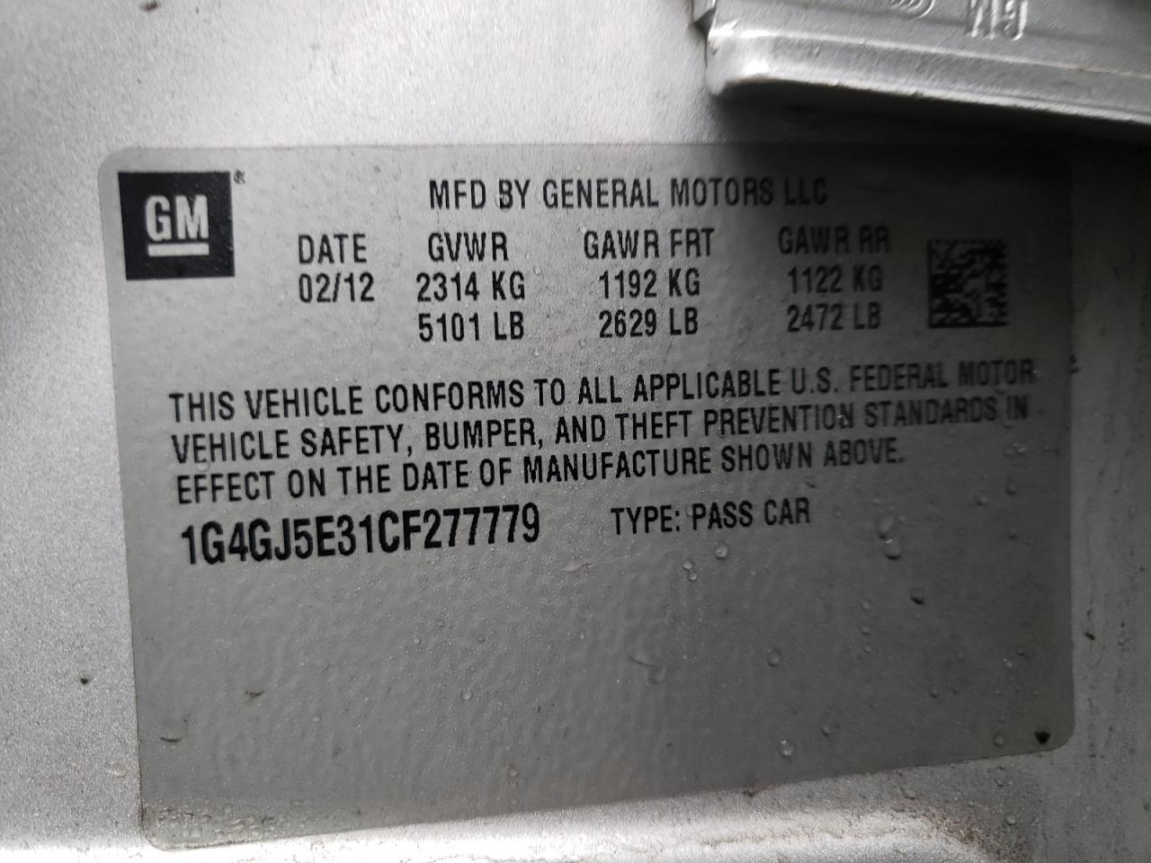 Zdjęcie 10 z aukcji – 2012 BUICK LACROSSE T z VIN 1G4GJ5E31CF277779