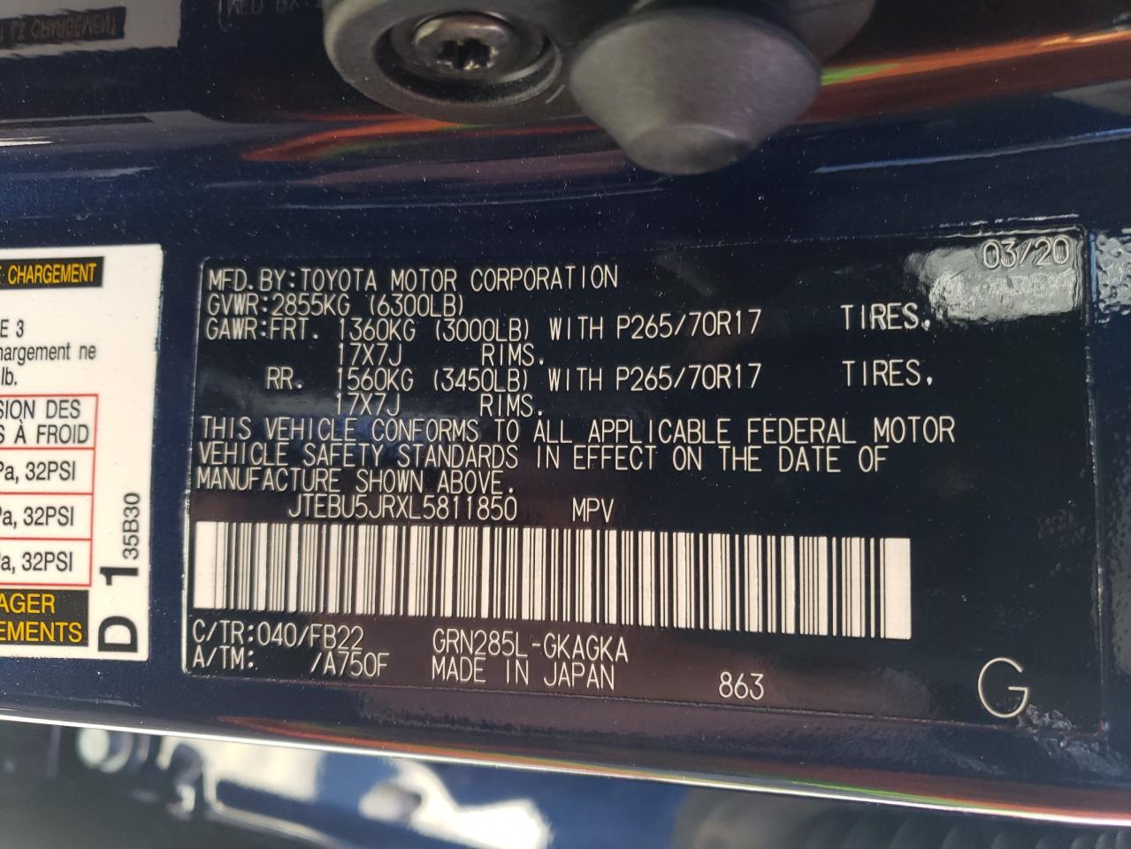 Photo 10 from auction – 2020 TOYOTA 4RUNNER SR with VIN JTEBU5JRXL5811850