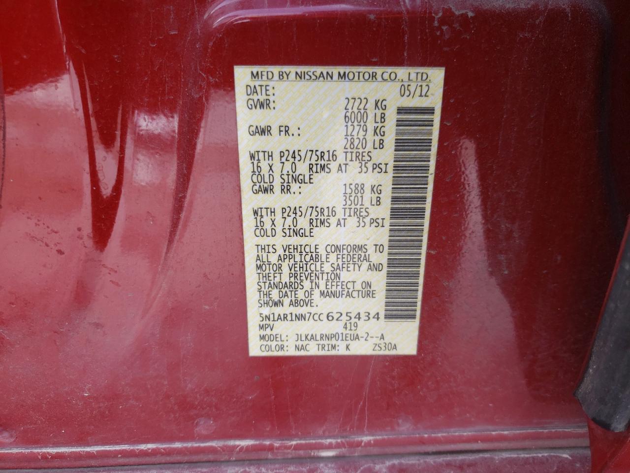 Photo 10 from auction – 2012 NISSAN PATHFINDER with VIN 5N1AR1NN7CC625434