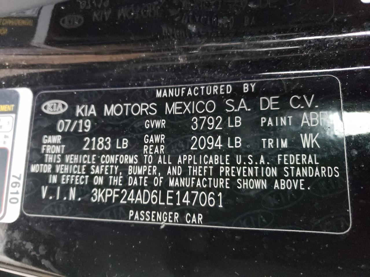 Photo 10 from auction – 2020 KIA FORTE FE with VIN 3KPF24AD6LE147061