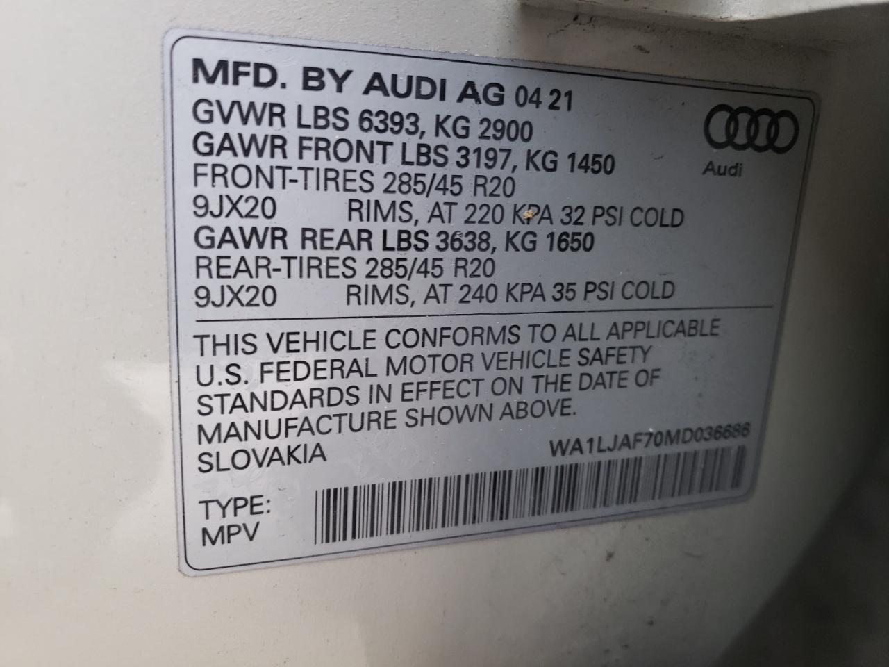 Photo 10 from auction – 2021 AUDI Q7 PREMIUM with VIN WA1LJAF70MD036686