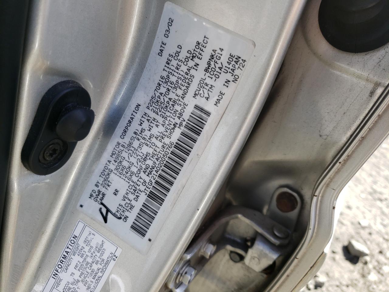 Photo 10 from auction – 2002 TOYOTA HIGHLANDER with VIN JTEGF21A020050766