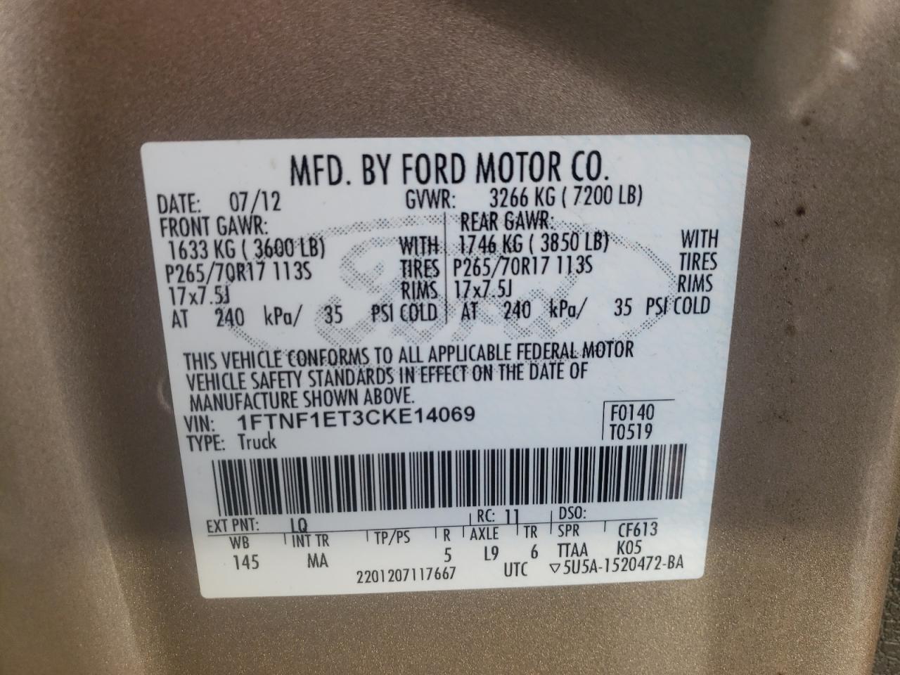 Photo 10 from auction – 2012 FORD F150 with VIN 1FTNF1ET3CKE14069