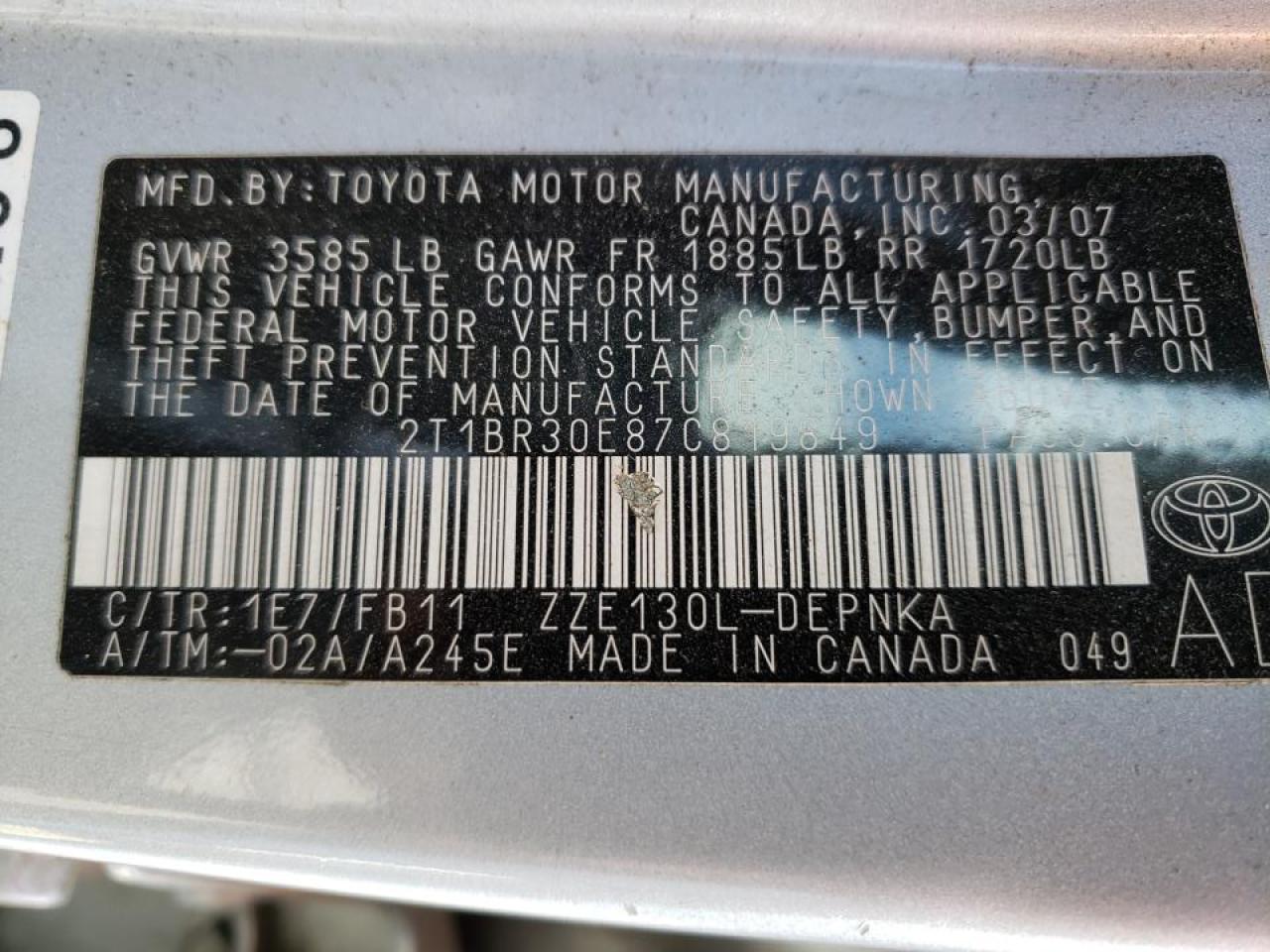 Photo 10 from auction – 2007 TOYOTA COROLLA CE with VIN 2T1BR30E87C819849