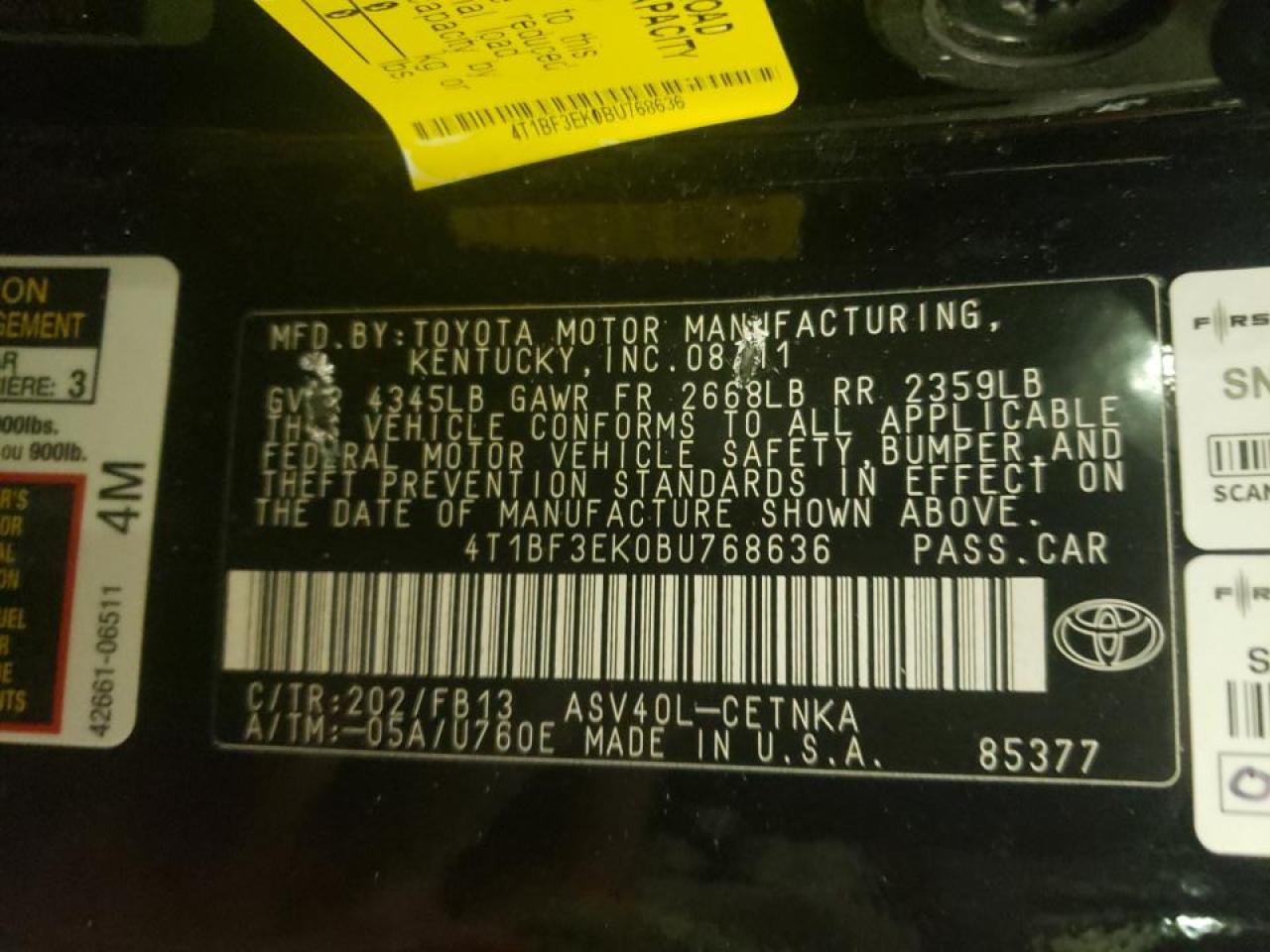 Photo 10 from auction – 2011 TOYOTA CAMRY BASE with VIN 4T1BF3EK0BU768636