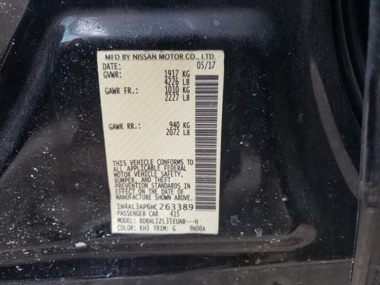 Photo 10 from auction – 2017 NISSAN ALTIMA 2.5 with VIN 1N4AL3AP6HC263389