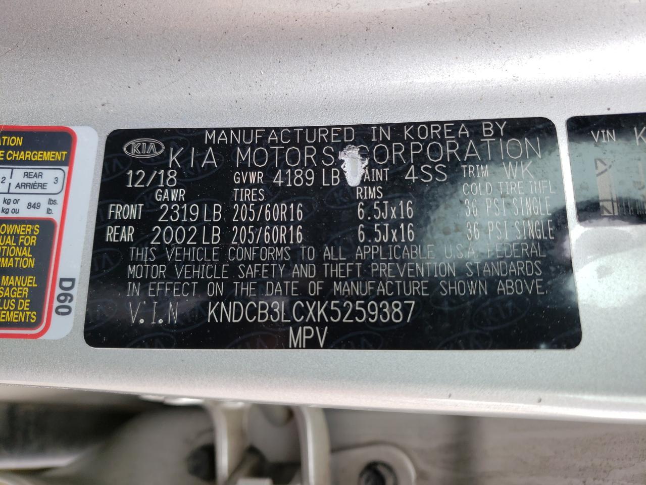 Photo 10 from auction – 2019 KIA NIRO FE with VIN KNDCB3LCXK5259387