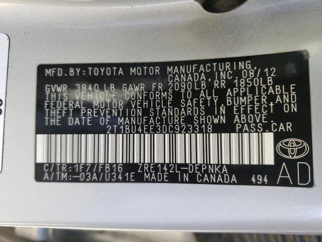 Photo 10 from auction – 2013 TOYOTA COROLLA BA with VIN 2T1BU4EE3DC923318