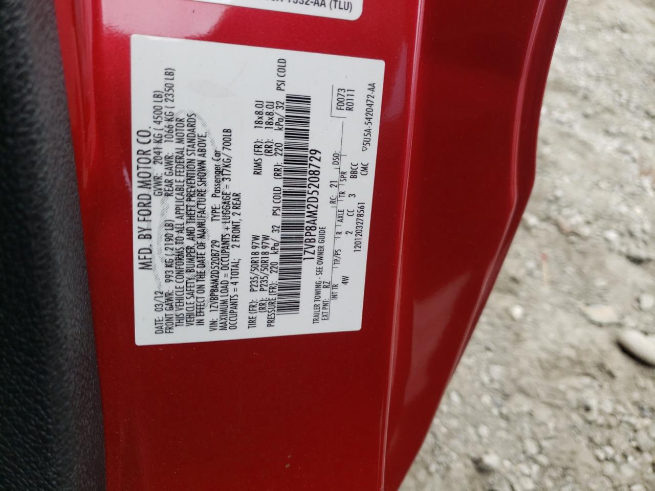Photo 10 from auction – 2013 FORD MUSTANG with VIN 1ZVBP8AM2D5208729