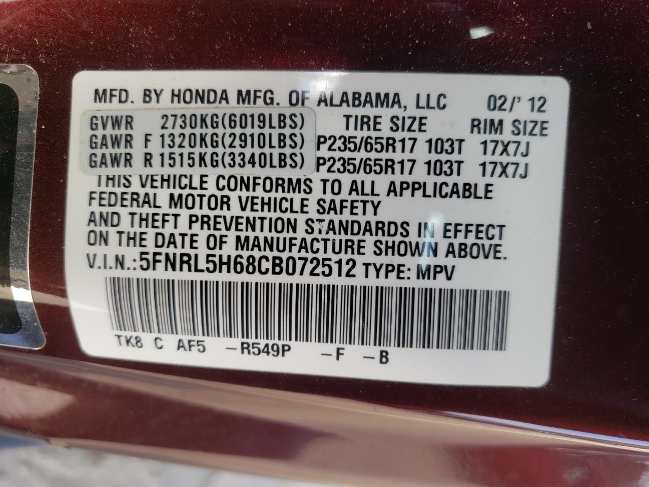 Photo 10 from auction – 2012 HONDA ODYSSEY EX with VIN 5FNRL5H68CB072512