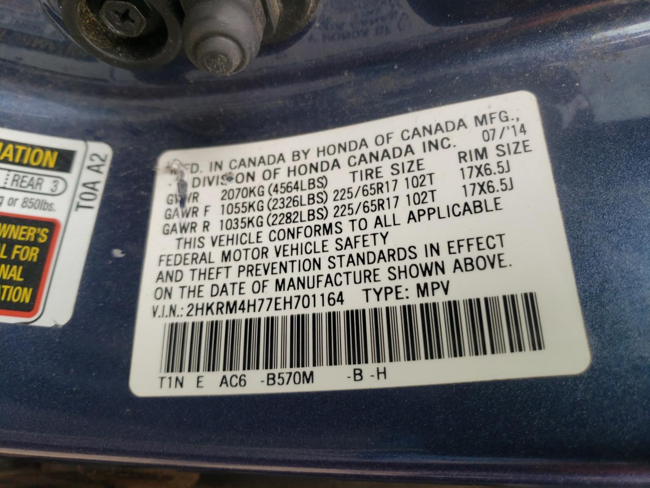 Photo 10 from auction – 2014 HONDA CR-V EXL with VIN 2HKRM4H77EH701164