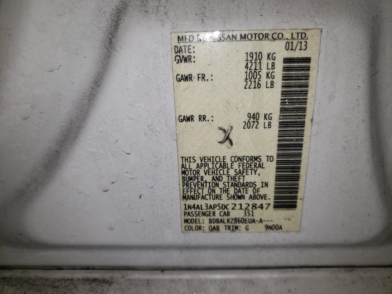 Photo 10 from auction – 2013 NISSAN ALTIMA 2.5 with VIN 1N4AL3AP5DC212847