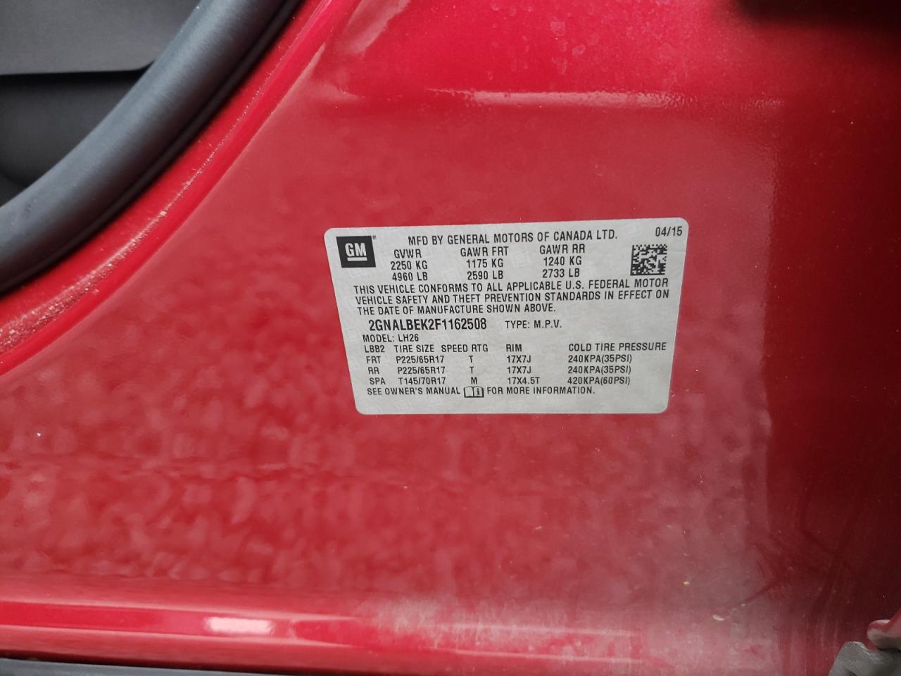 Photo 10 from auction – 2015 CHEVROLET EQUINOX LT with VIN 2GNALBEK2F1162508