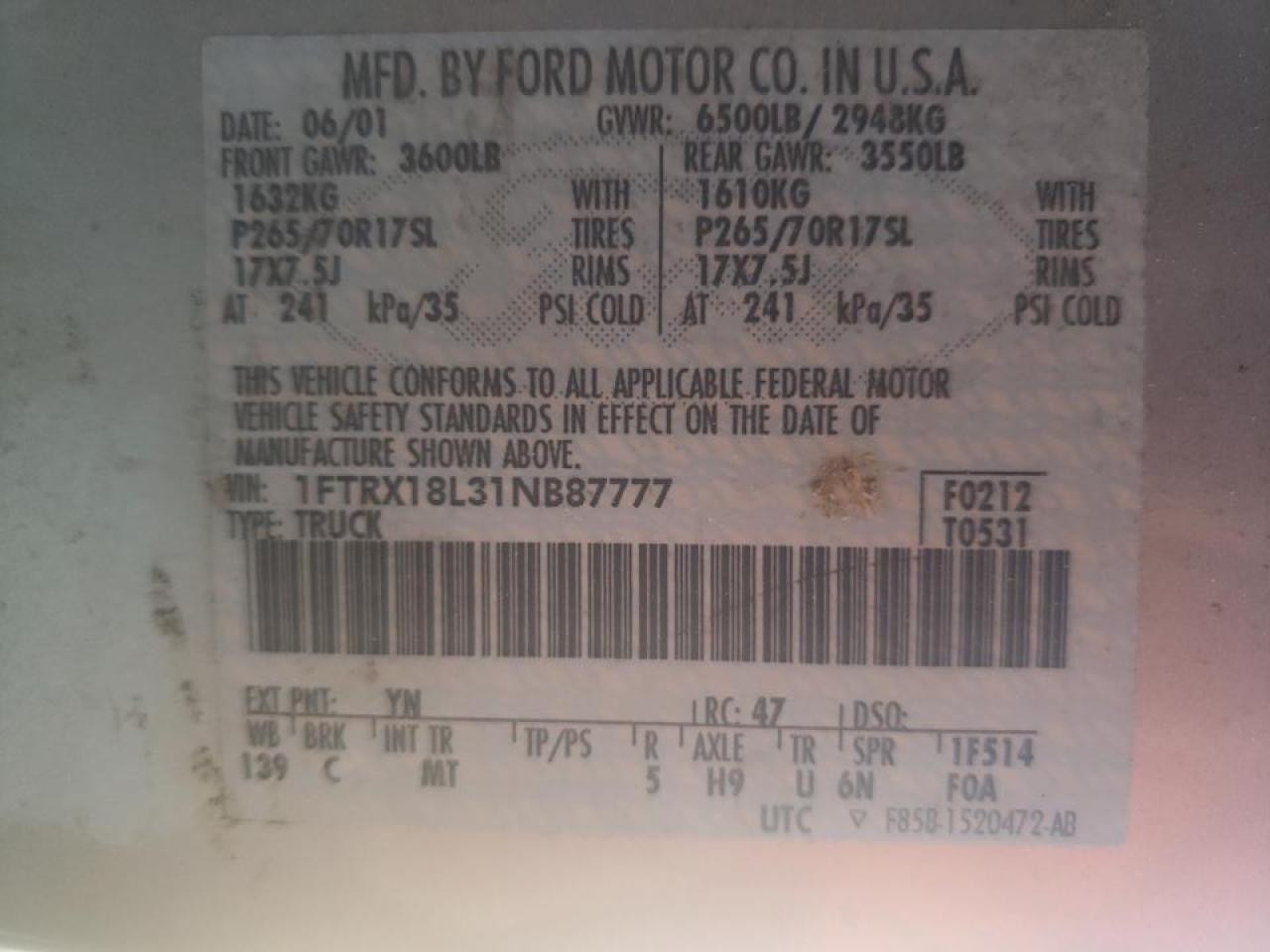 Photo 10 from auction – 2001 FORD F150 with VIN 1FTRX18L31NB87777