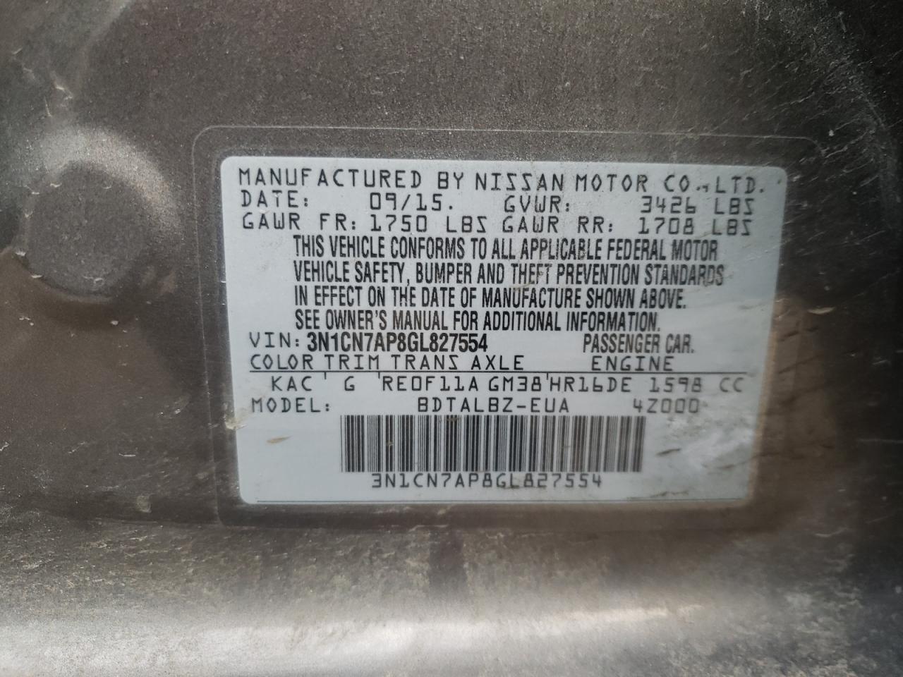 Photo 10 from auction – 2016 NISSAN VERSA S with VIN 3N1CN7AP8GL827554