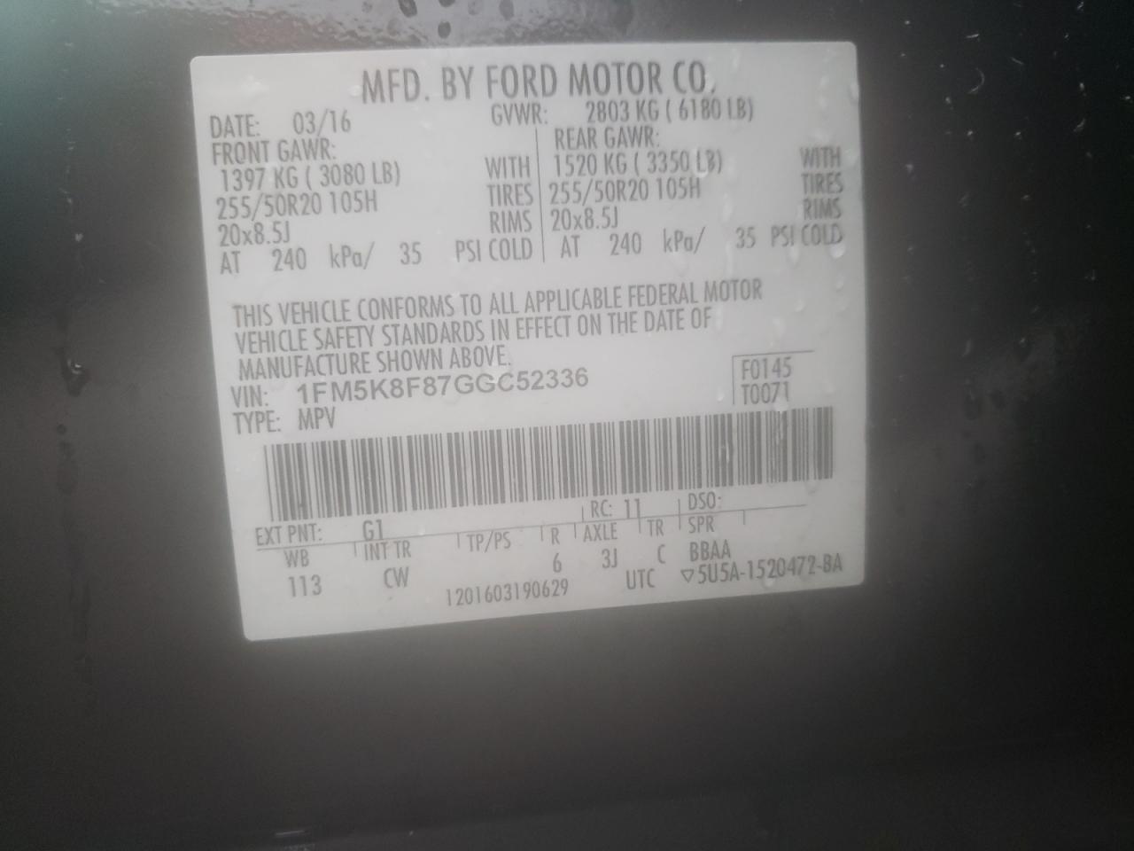 Photo 10 from auction – 2016 FORD EXPLORER L with VIN 1FM5K8F87GGC52336