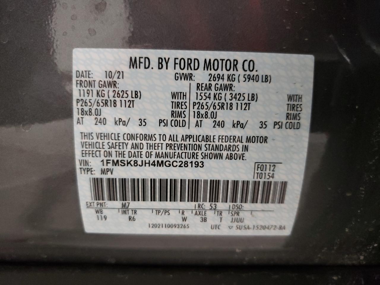 Photo 10 from auction – 2021 FORD EXPLORER T with VIN 1FMSK8JH4MGC28193