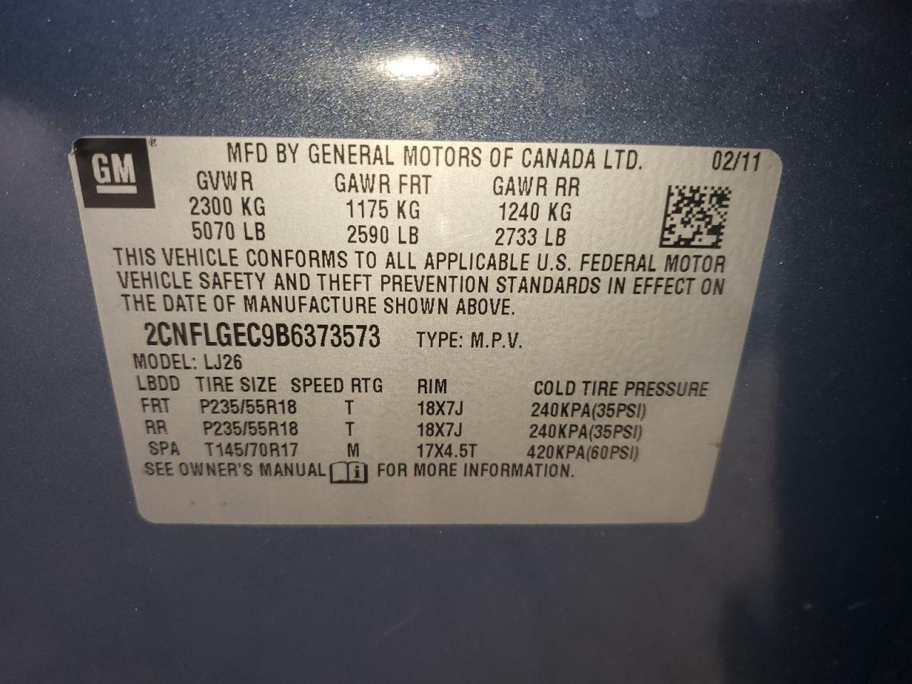 Photo 10 from auction – 2011 CHEVROLET EQUINOX LT with VIN 2CNFLGEC9B6373573