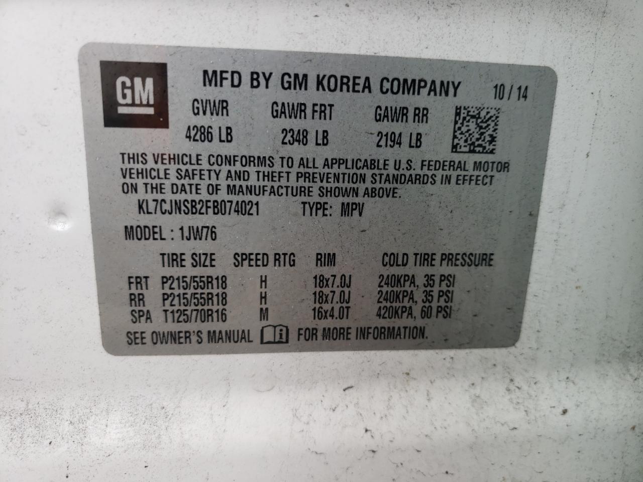 Photo 10 from auction – 2015 CHEVROLET TRAX LTZ with VIN KL7CJNSB2FB074021