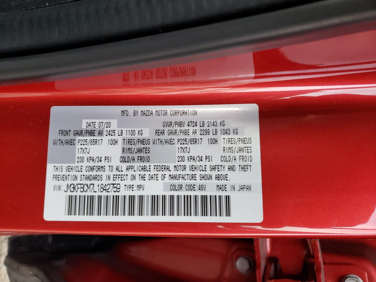 Photo 10 from auction – 2020 MAZDA CX-5 TOURI with VIN JM3KFBCM7L1842759