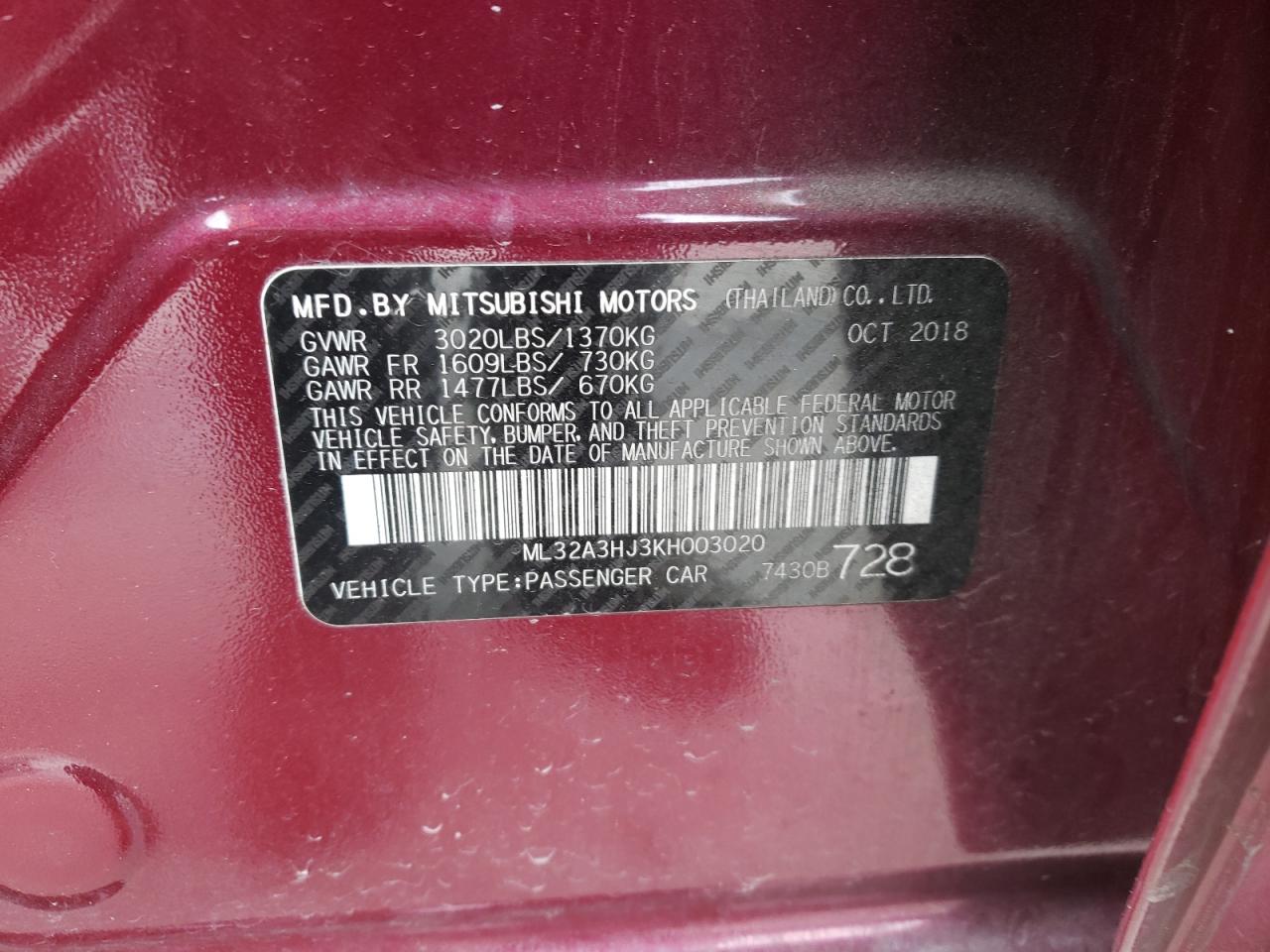 Photo 10 from auction – 2019 MITSUBISHI MIRAGE ES with VIN ML32A3HJ3KH003020