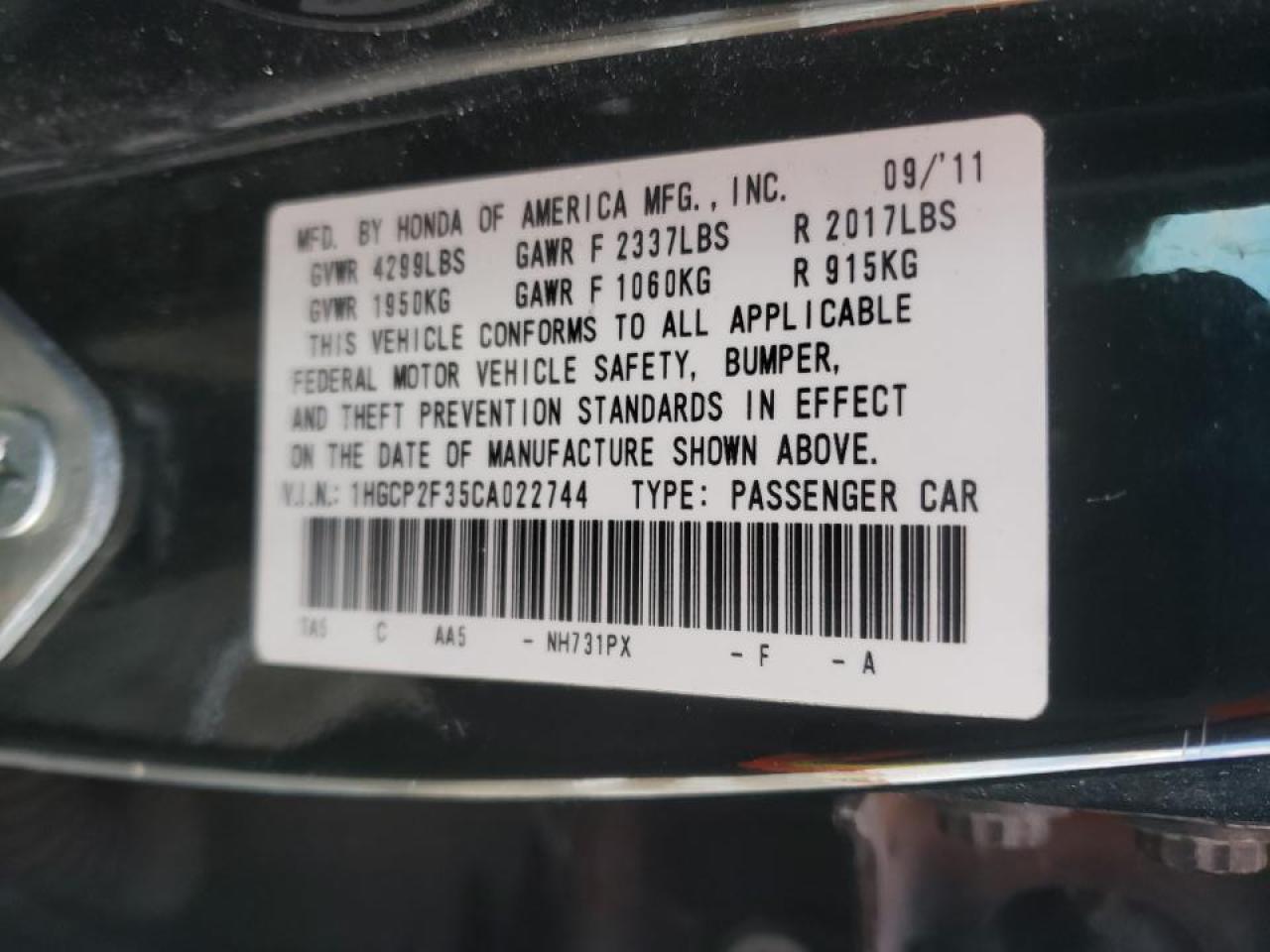 Photo 10 from auction – 2012 HONDA ACCORD LX with VIN 1HGCP2F35CA022744