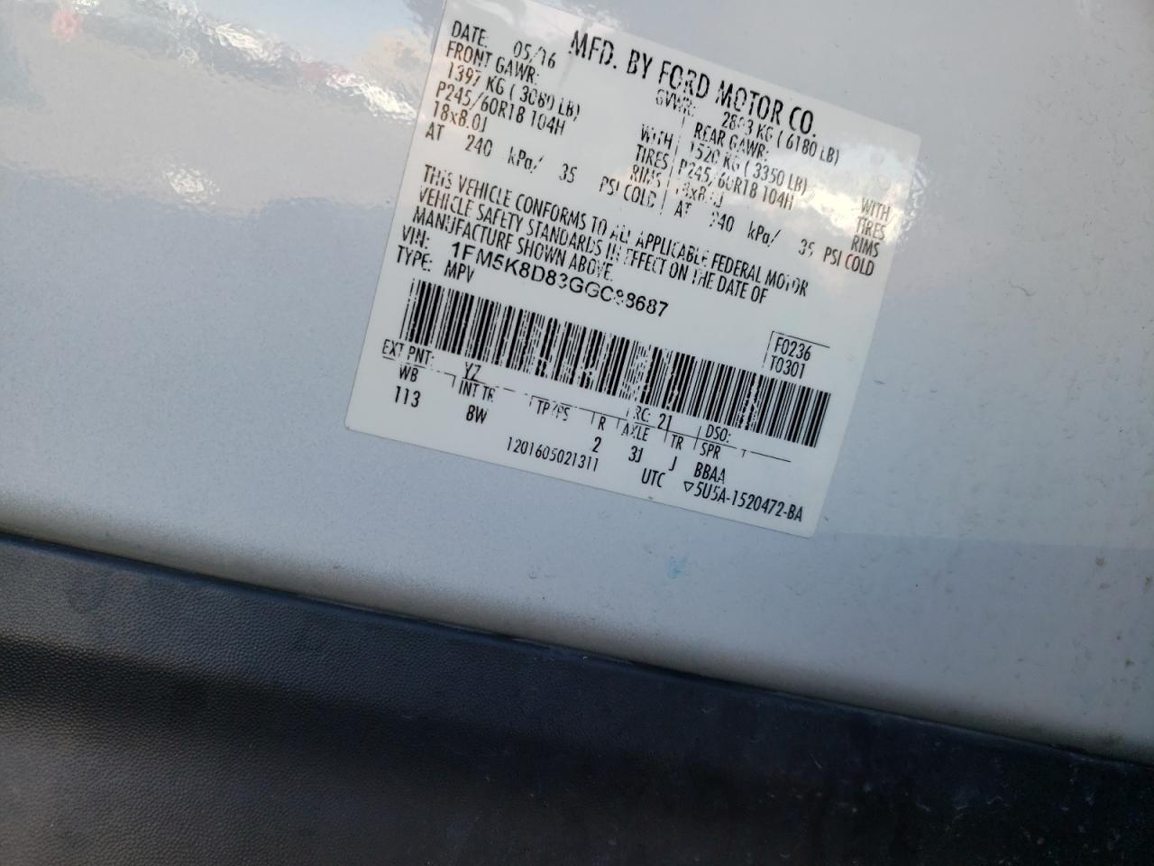 Photo 10 from auction – 2016 FORD EXPLORER X with VIN 1FM5K8D83GGC88687