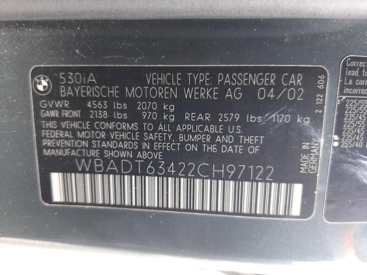 Photo 10 from auction – 2002 BMW 530 I AUTO with VIN WBADT63422CH97122
