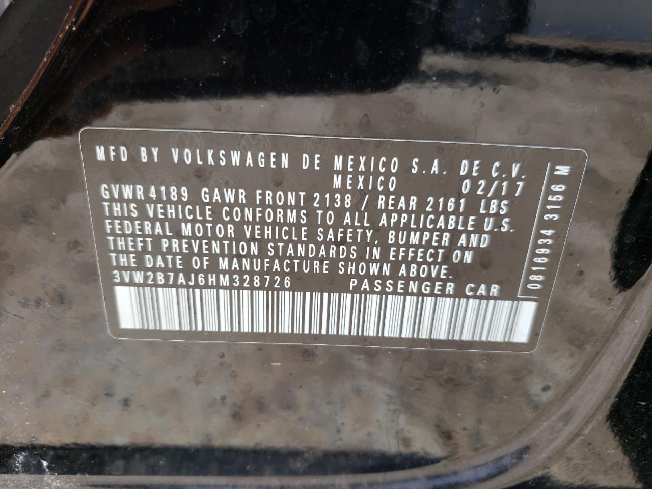 Photo 10 from auction – 2017 VOLKSWAGEN JETTA S with VIN 3VW2B7AJ6HM328726