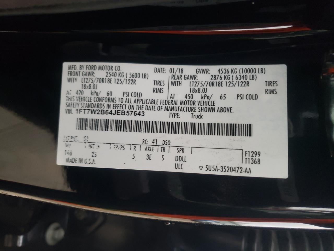 Photo 10 from auction – 2018 FORD F250 SUPER with VIN 1FT7W2B64JEB57643