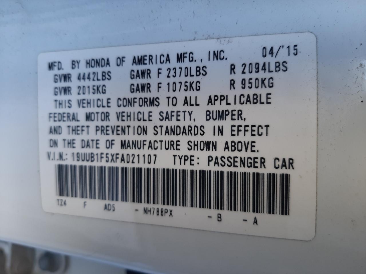 Photo 10 from auction – 2015 ACURA TLX TECH with VIN 19UUB1F5XFA021107