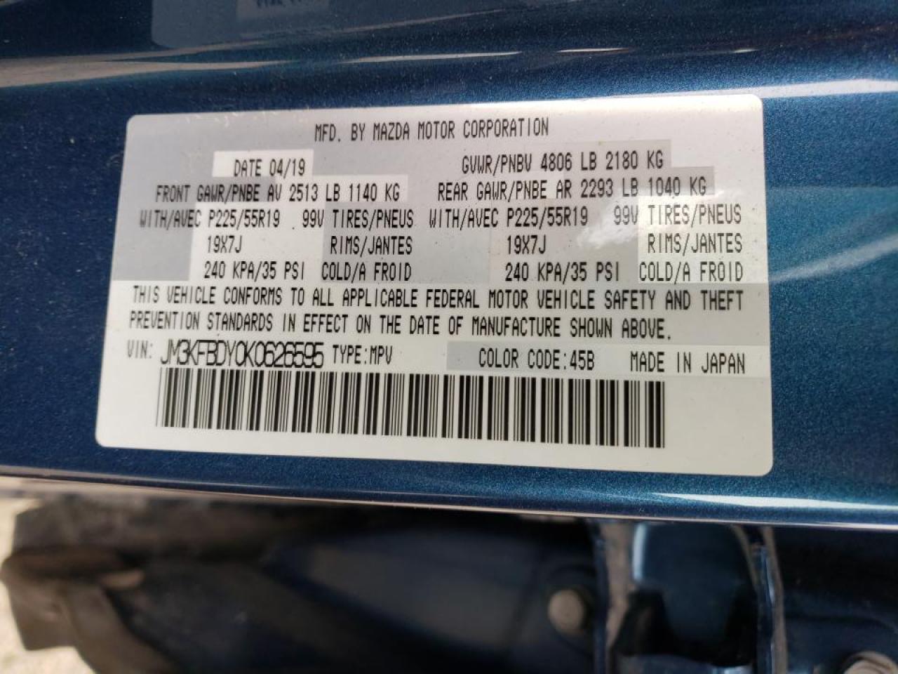 Photo 10 from auction – 2019 MAZDA CX-5 GRAND with VIN JM3KFBDY0K0626595