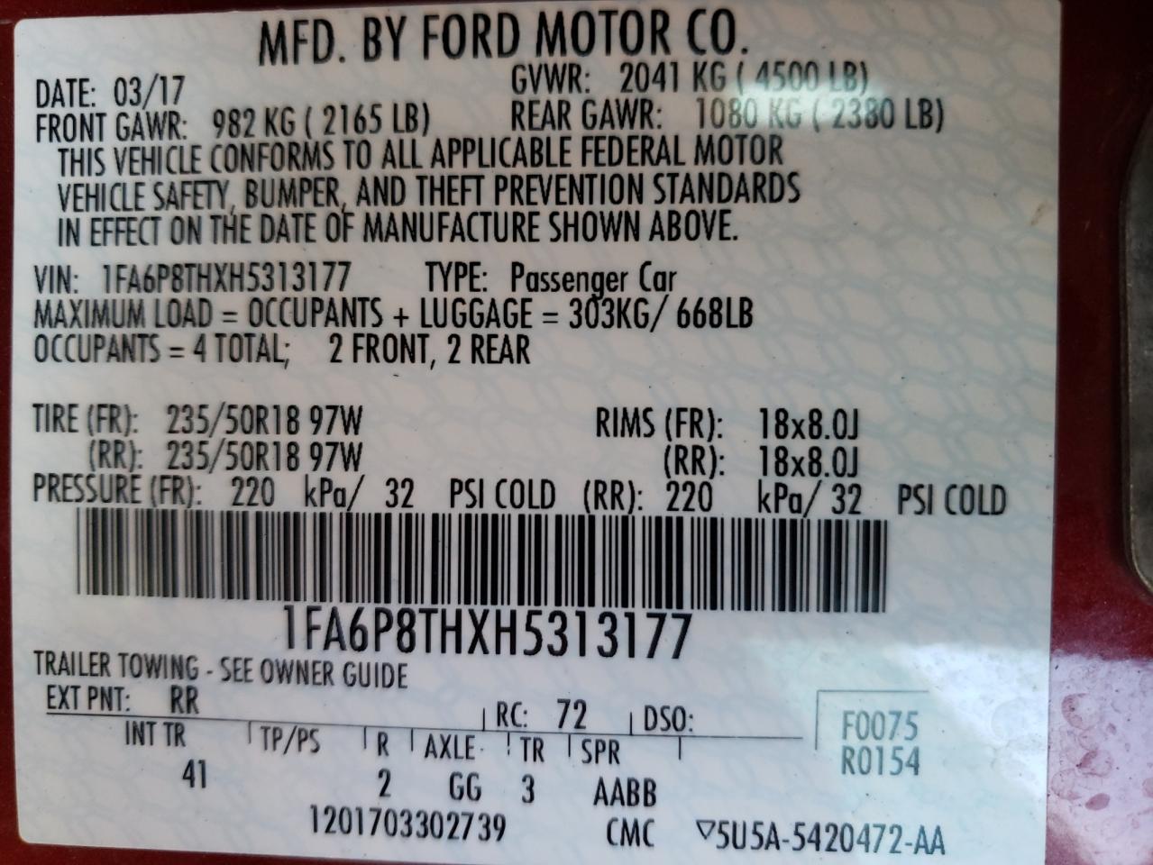 Photo 10 from auction – 2017 FORD MUSTANG with VIN 1FA6P8THXH5313177
