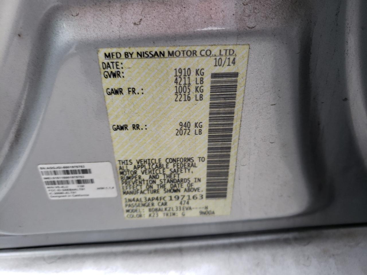 Photo 10 from auction – 2015 NISSAN ALTIMA 2.5 with VIN 1N4AL3AP4FC197163