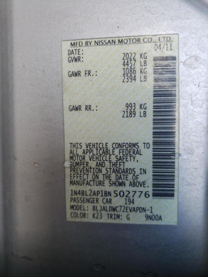 Photo 10 from auction – 2011 NISSAN ALTIMA SR with VIN 1N4BL2AP1BN502776