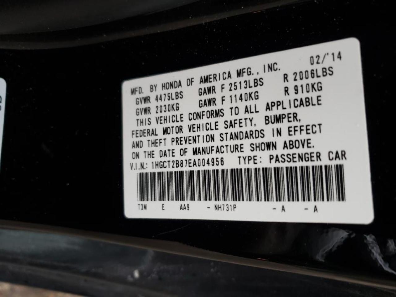 Photo 10 from auction – 2014 HONDA ACCORD EXL with VIN 1HGCT2B87EA004956