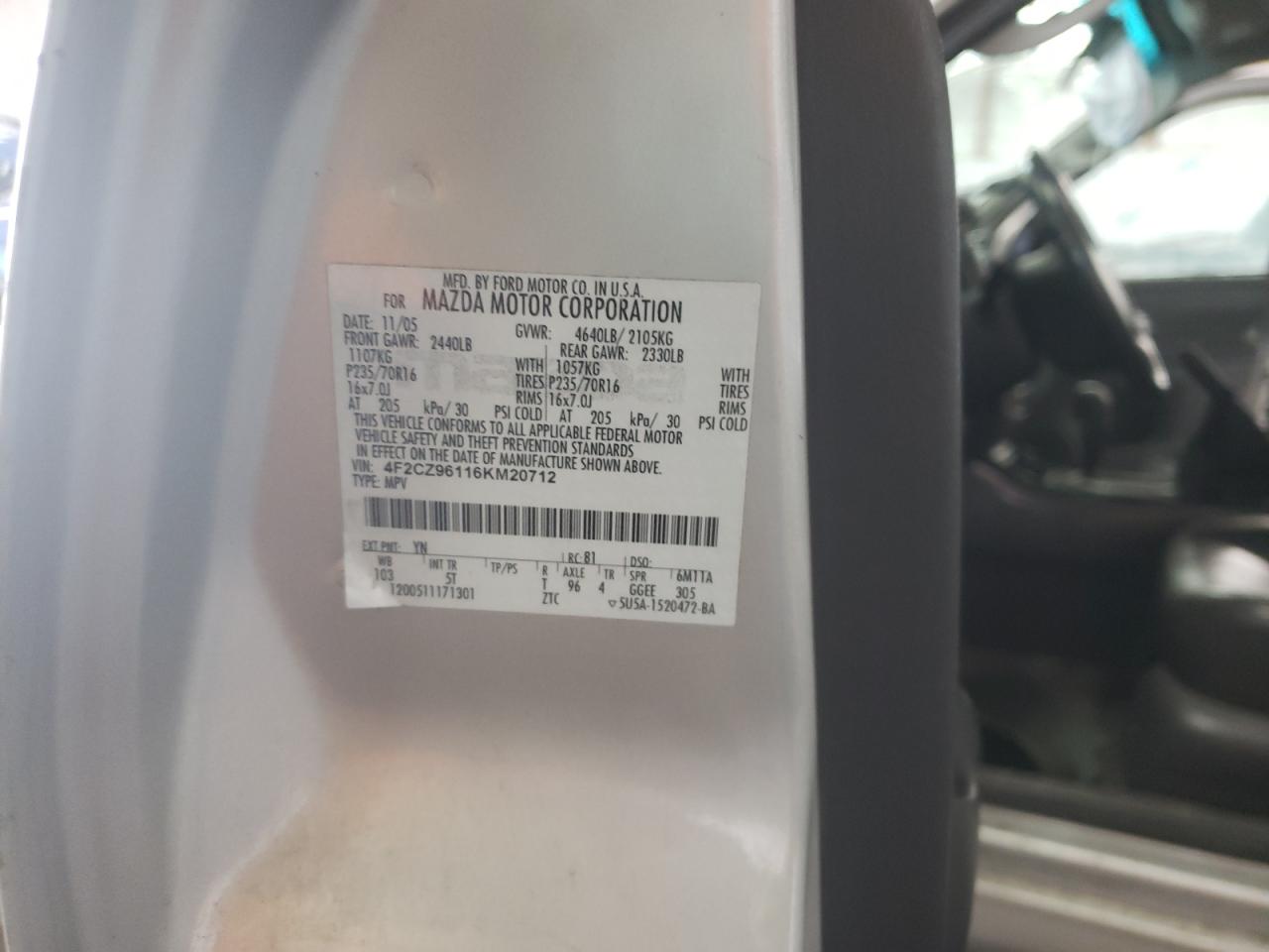 Photo 10 from auction – 2006 MAZDA TRIBUTE S with VIN 4F2CZ96116KM20712