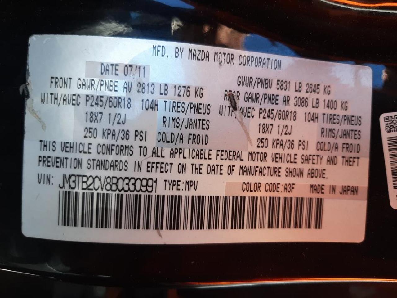 Photo 10 from auction – 2011 MAZDA CX-9 with VIN JM3TB2CV8B0330991