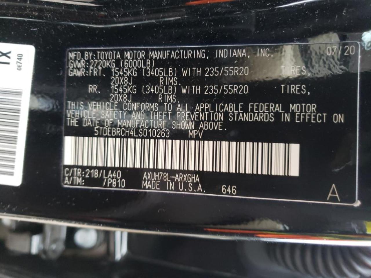 Photo 10 from auction – 2020 TOYOTA HIGHLANDER with VIN 5TDEBRCH4LS010263