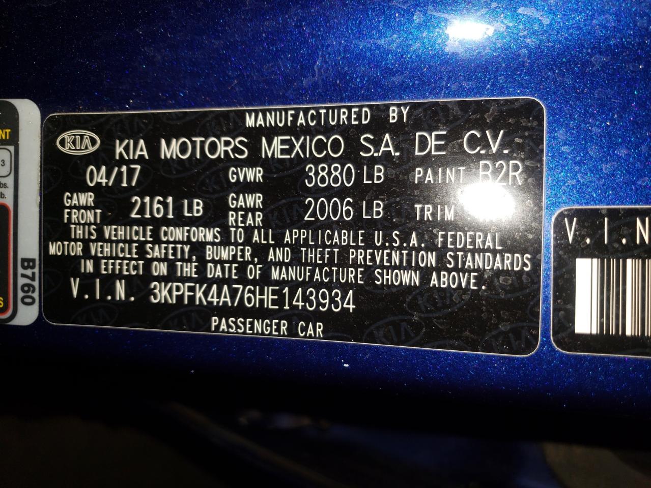 Photo 10 from auction – 2017 KIA FORTE LX with VIN 3KPFK4A76HE143934