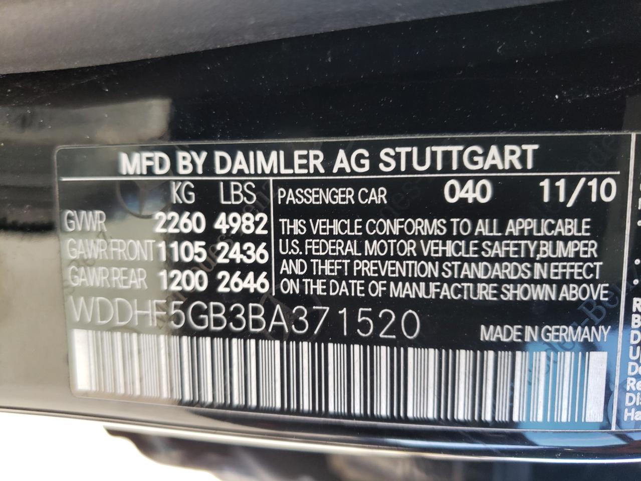 Photo 10 from auction – 2011 MERCEDES-BENZ E 350 with VIN WDDHF5GB3BA371520