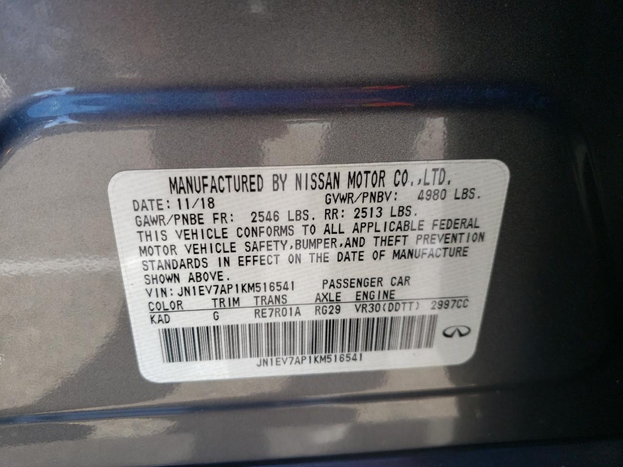 Photo 10 from auction – 2019 INFINITI Q50 LUXE with VIN JN1EV7AP1KM516541