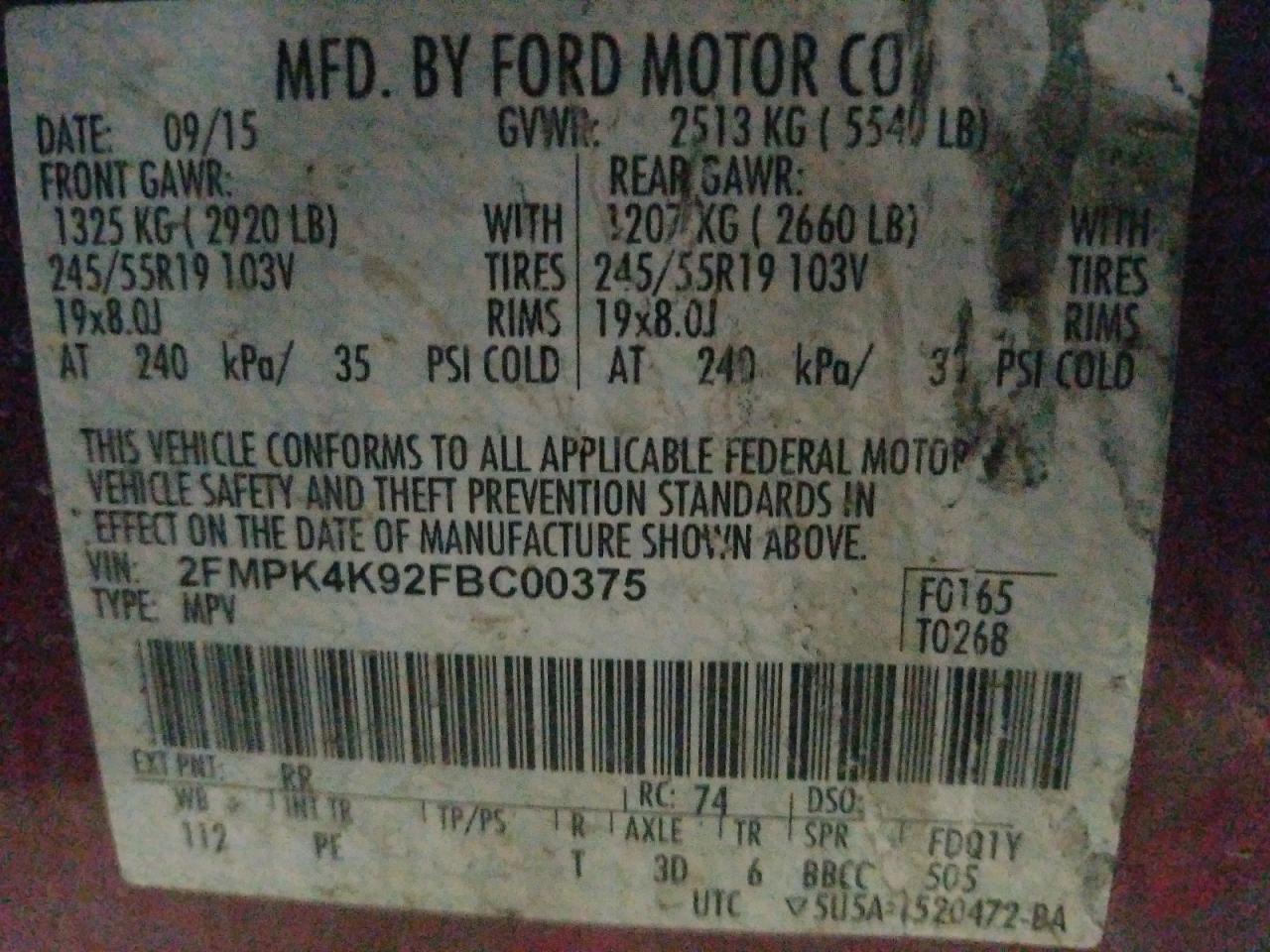 Photo 10 from auction – 2015 FORD EDGE TITAN with VIN 2FMPK4K92FBC00375