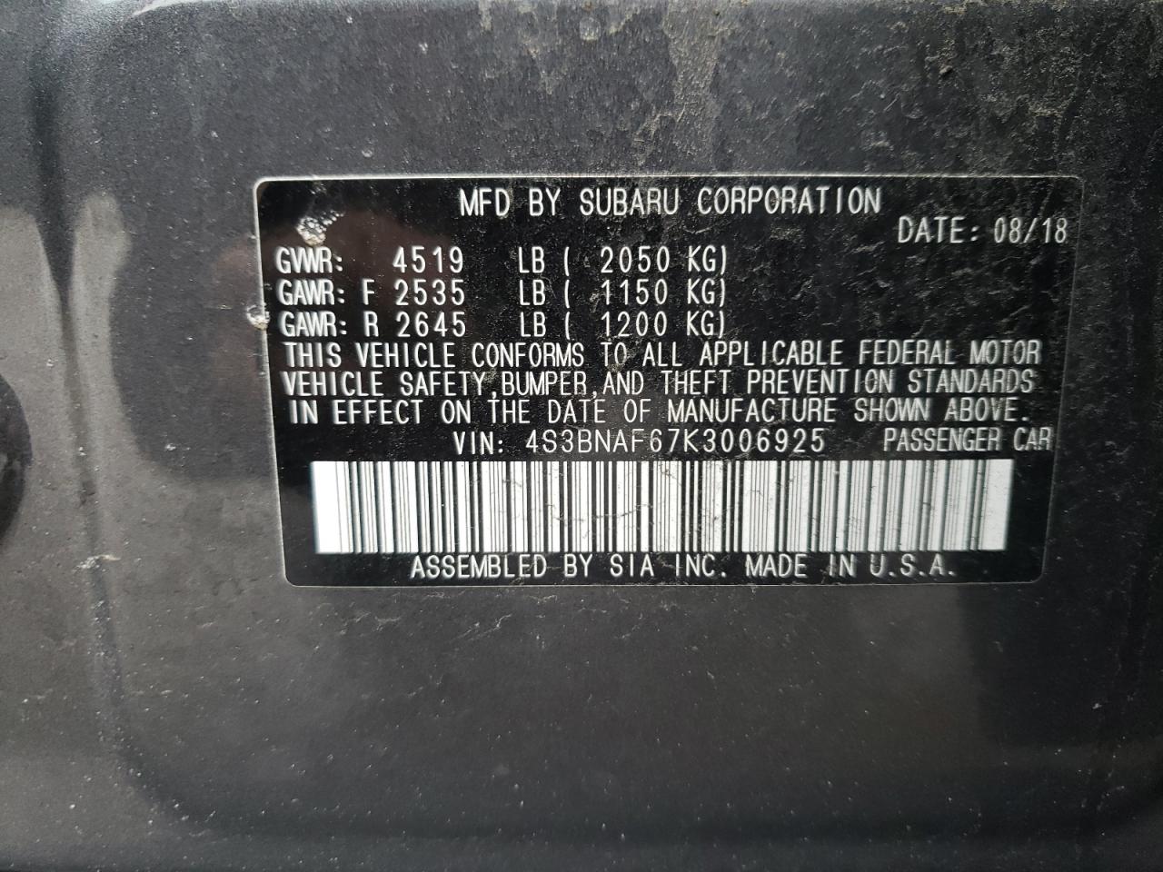 Photo 10 from auction – 2019 SUBARU LEGACY 2.5 with VIN 4S3BNAF67K3006925
