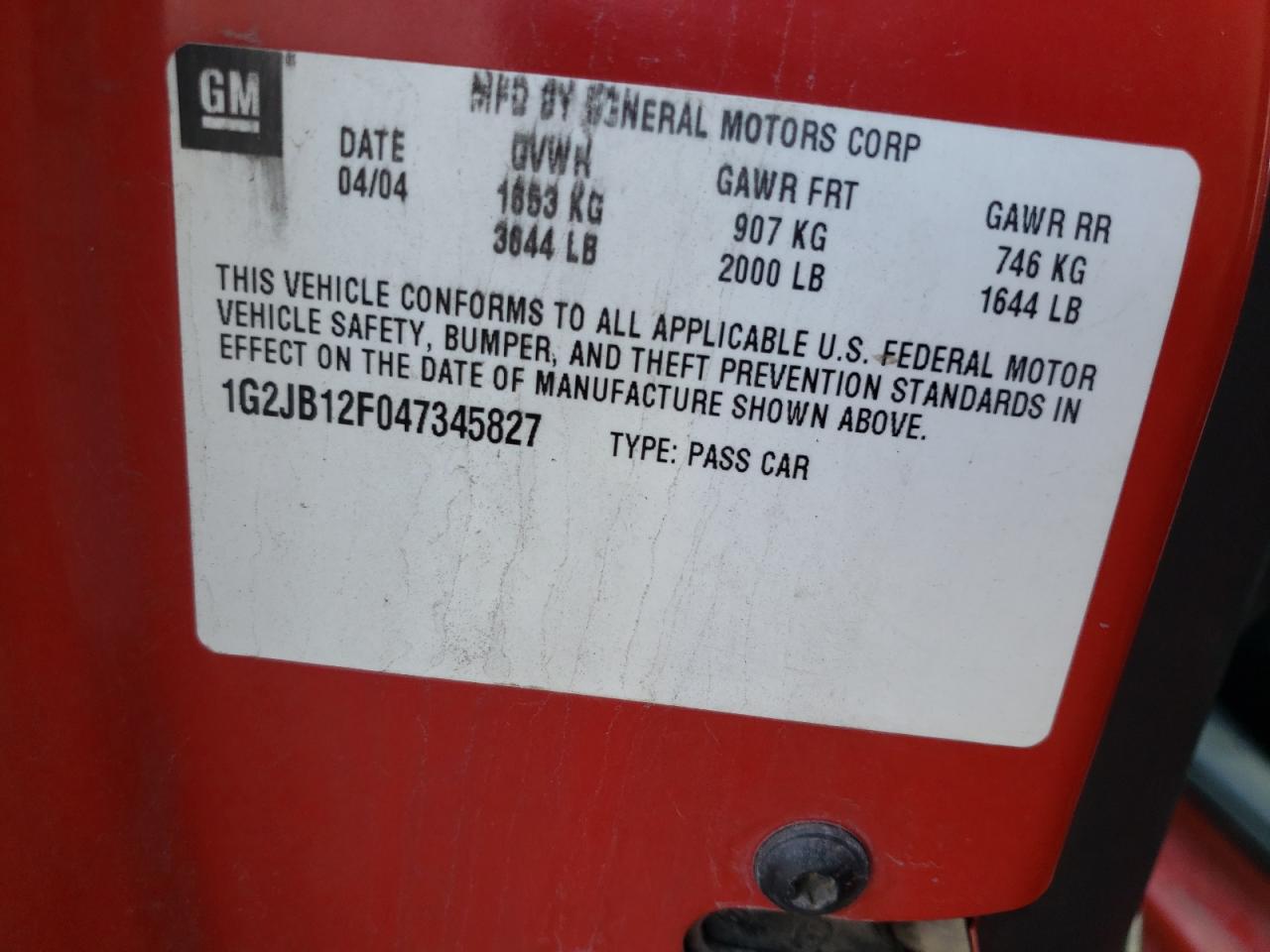 Photo 10 from auction – 2004 PONTIAC SUNFIRE with VIN 1G2JB12F047345827