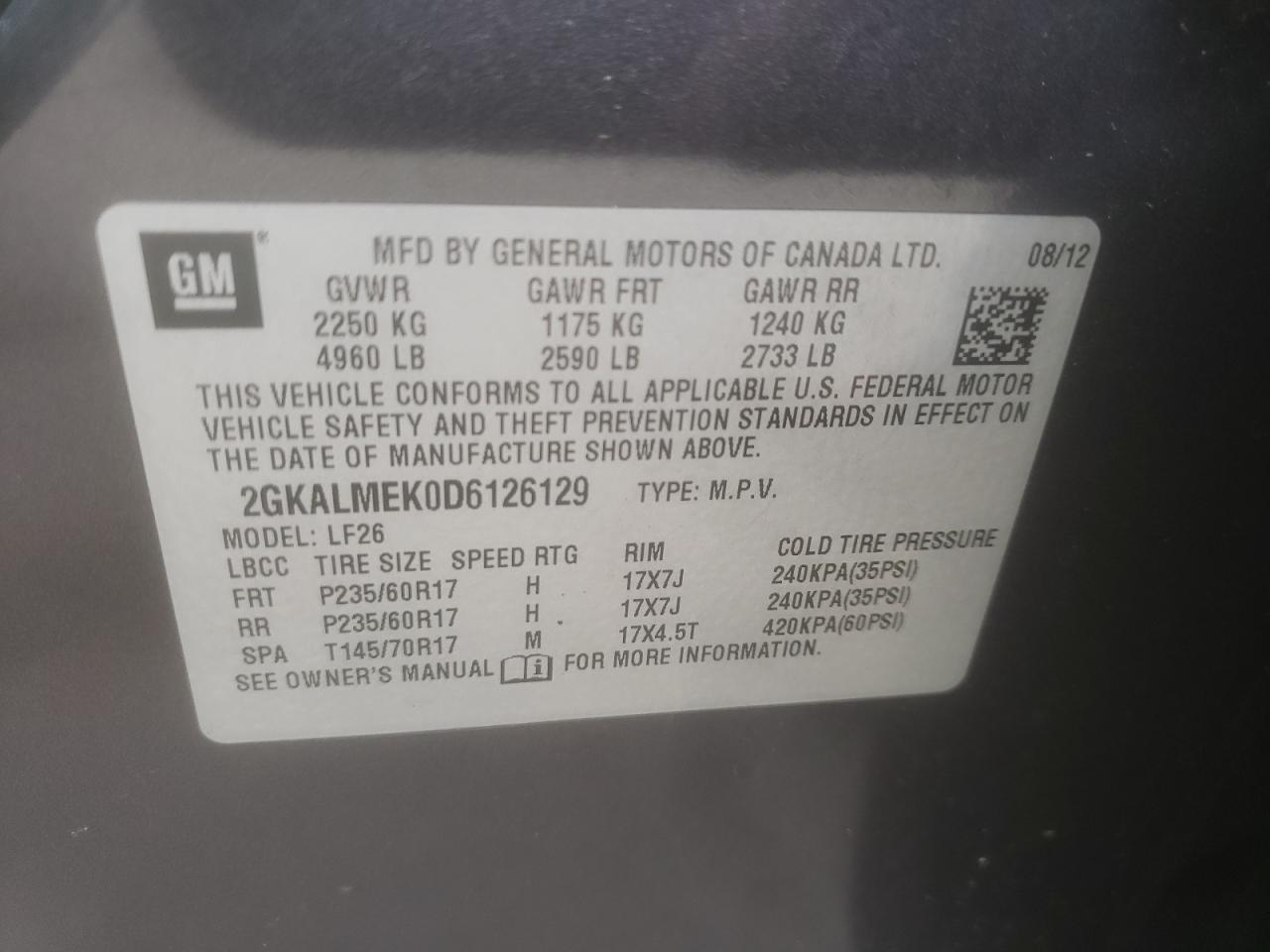 Photo 10 from auction – 2013 GMC TERRAIN SL with VIN 2GKALMEK0D6126129