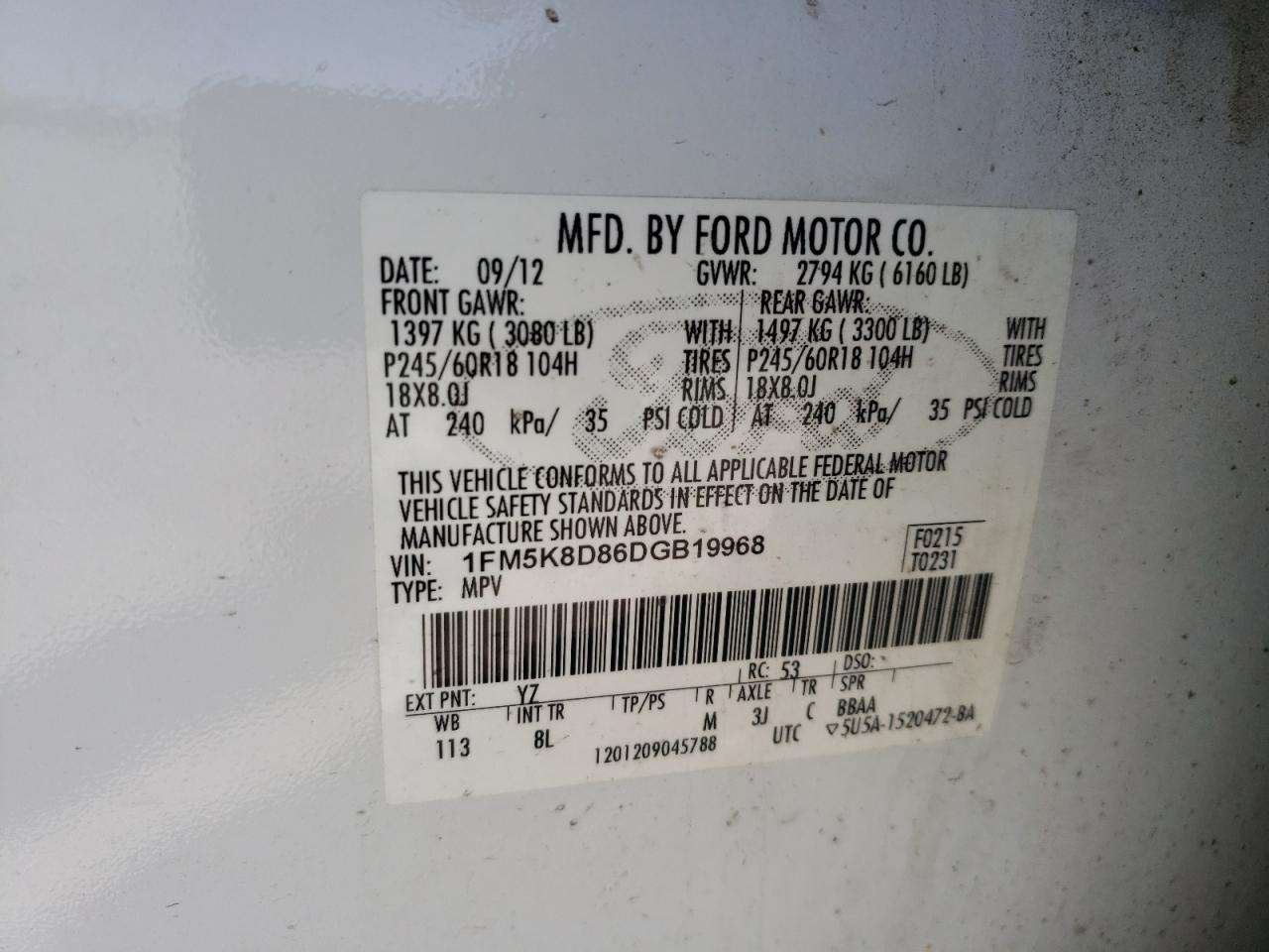 Photo 10 from auction – 2013 FORD EXPLORER X with VIN 1FM5K8D86DGB19968