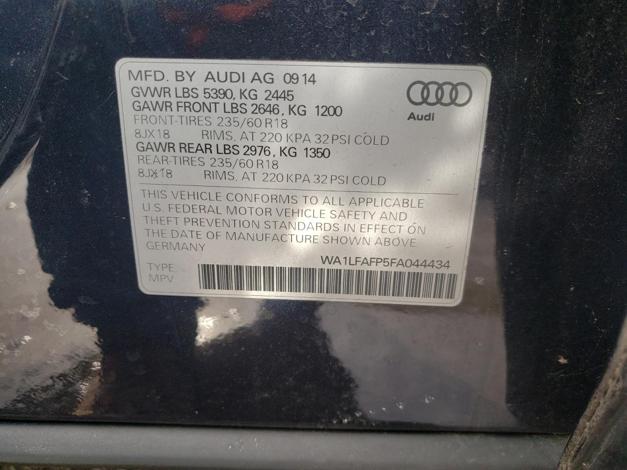 Photo 10 from auction – 2015 AUDI Q5 PREMIUM with VIN WA1LFAFP5FA044434